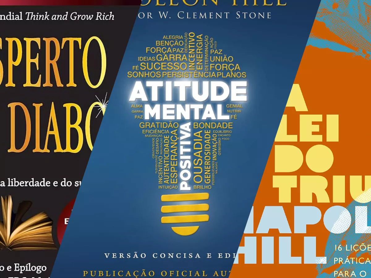 Montagem com capas dos principais livros de Napoleon Hill, incluindo "Mais Esperto que o Diabo", "Atitude Mental Positiva" e "A Lei do Triunfo".