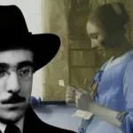 Pintura "A Carta" – Johannes Vermeer (1669-1670), com um recorte de Fernando Pessoa à esquerda