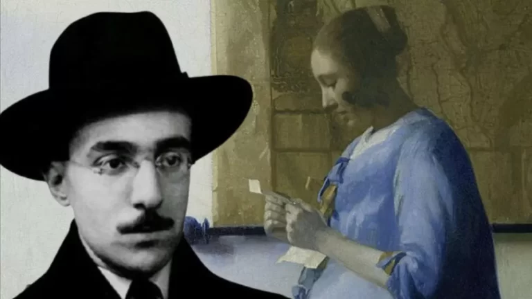Pintura "A Carta" – Johannes Vermeer (1669-1670), com um recorte de Fernando Pessoa à esquerda