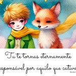 Ilustração do Pequeno Príncipe e da raposa, simbolizando a construção de laços e a responsabilidade emocional de cuidar dos vínculos criados.