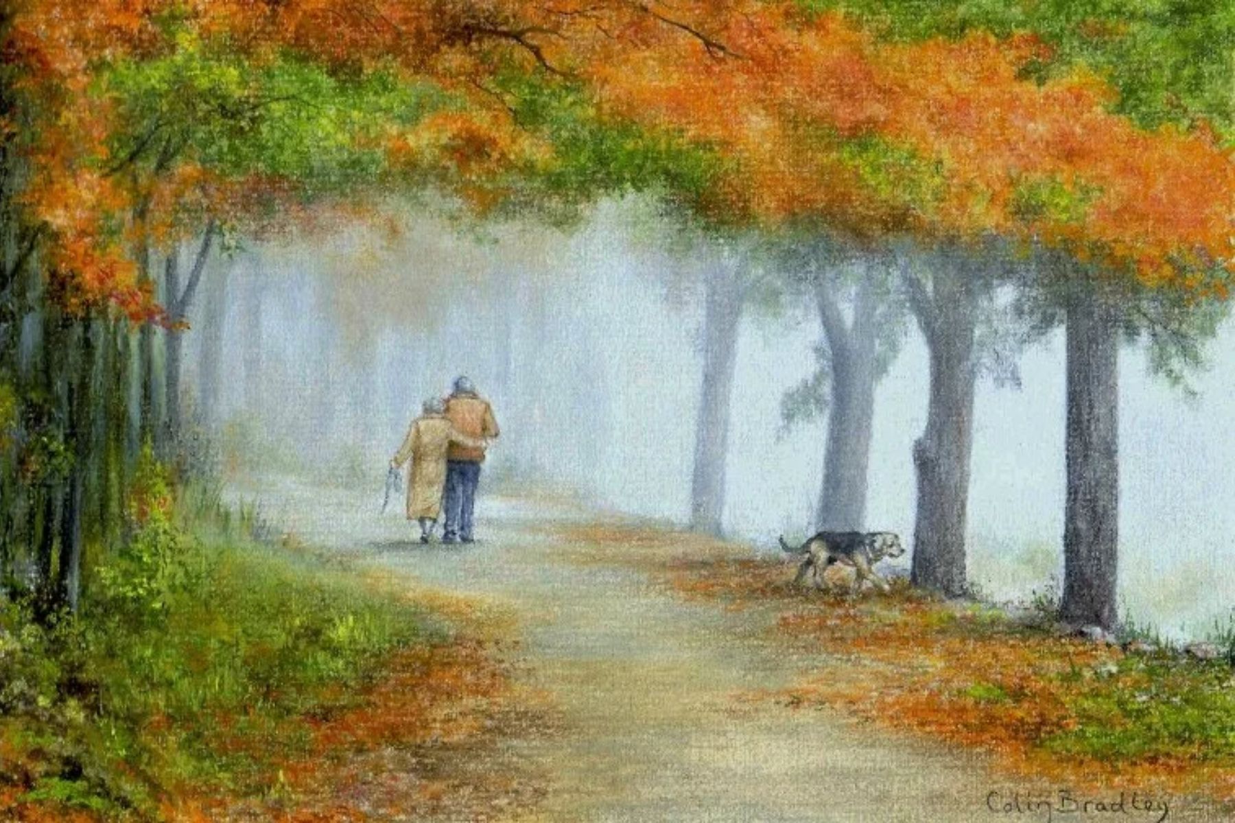 Pintura a óleo feita por Colin Bradley, mostrando um casal e um cão andando por uma floresta com as folhas das árvores amareladas, indicando a presença do outono.
