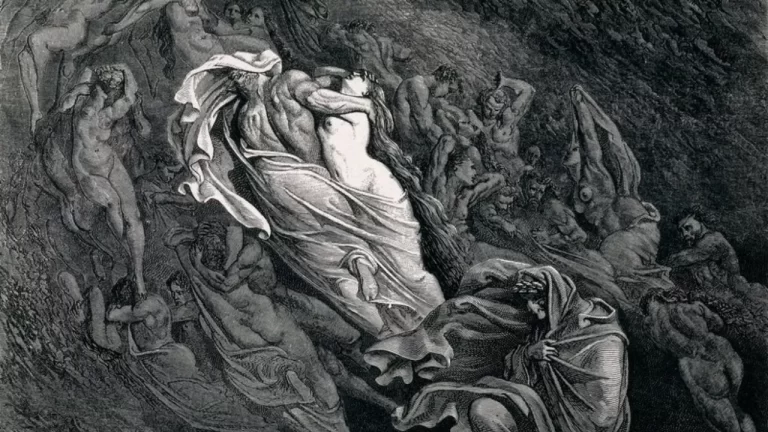 Ilustração em preto e branco de Gustave Doré representando Paolo e Francesca no Inferno, conforme descrito por Dante em A Divina Comédia. Os dois amantes aparecem no centro da imagem, abraçados e sendo arrastados por ventos violentos, cercados por outras almas atormentadas. Dante e Virgílio observam a cena na parte inferior da imagem, protegidos por mantos. A gravura expressa a agonia dos condenados pelo pecado da luxúria no segundo círculo do Inferno.