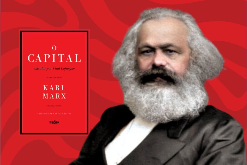 Fundo com textura vermelha, com Karl Marx à direta e o livro "O Capital" à direita.