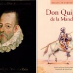 Autor espanhol Miguel de Cervantes Saavedra à esquerda, com o livro "Dom Quixote de La Mancha" à direita.
