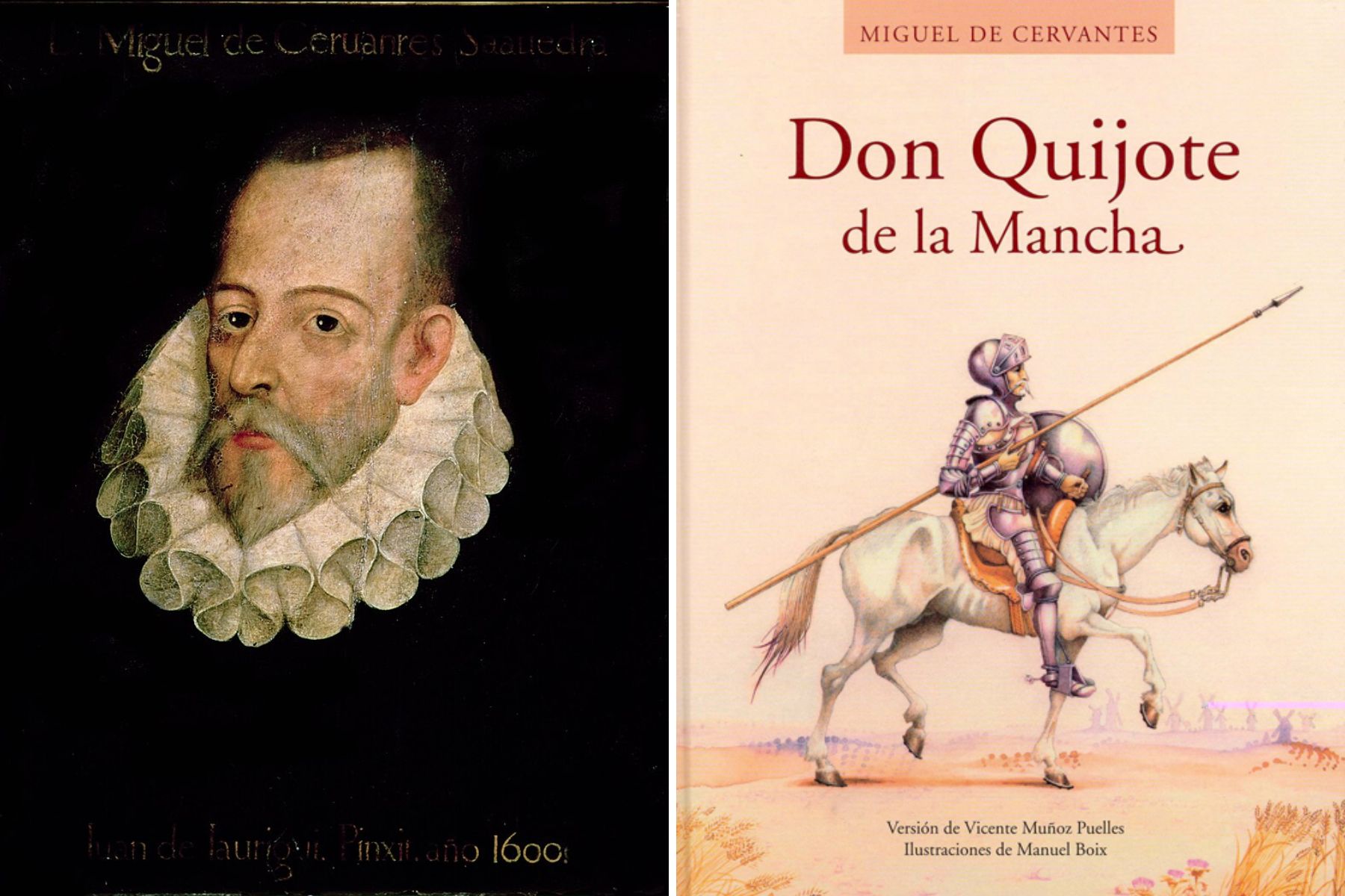 Autor espanhol Miguel de Cervantes Saavedra à esquerda, com o livro "Dom Quixote de La Mancha" à direita.