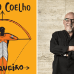 À esquerda: capa do livro "O Arqueiro", e à direita imagem do escritor Paulo Coelho, autor do livro.