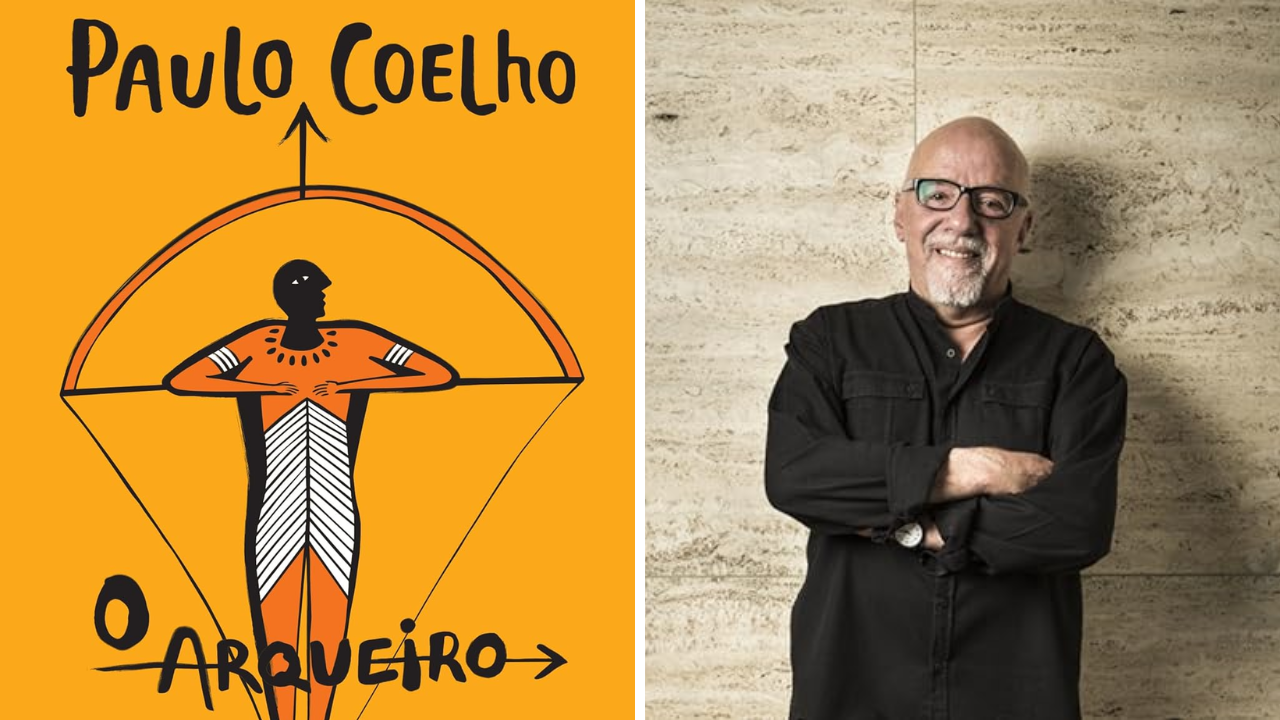 À esquerda: capa do livro "O Arqueiro", e à direita imagem do escritor Paulo Coelho, autor do livro.