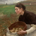 Pintura "Outubro, colheita de batatas" (1878) de Jules Bastien-Lepage mostra camponesa do campo despejando batatas de cesto em saco, evocando a vida sertaneja no poema Flor do Campo de Auta de Souza