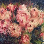 Quadro impressionista de Renoir retrata rosas cor-de-rosa e brancas com folhagem verde em vaso transparente sobre fundo claro, capturando a beleza delicada e pura das flores contempladas no poema Flores de Auta de Souza
