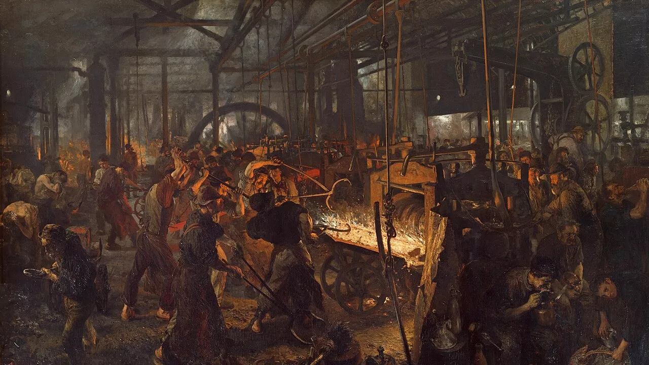 Pintura The Iron Rolling Mill, de Adolph Menzel (1875): interior escuro de uma usina siderúrgica com dezenas de trabalhadores operando máquinas de laminação. No centro, um forno brilha intensamente em tons de laranja e amarelo, iluminando os operários que manipulam barras de ferro incandescente com longas ferramentas. Rodas dentadas, correntes e estruturas metálicas preenchem o teto alto. A obra representa a beleza bruta da era industrial exaltada na Ode Triunfal de Álvaro de Campos.